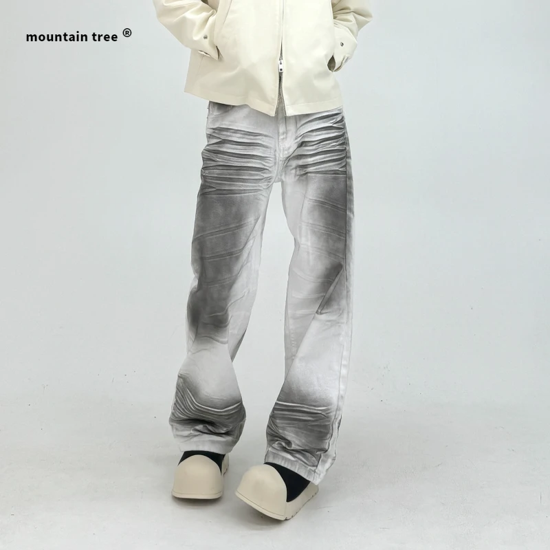 mountain tree脏染立体猫须阔腿白色牛仔裤小众做旧设计感男复古