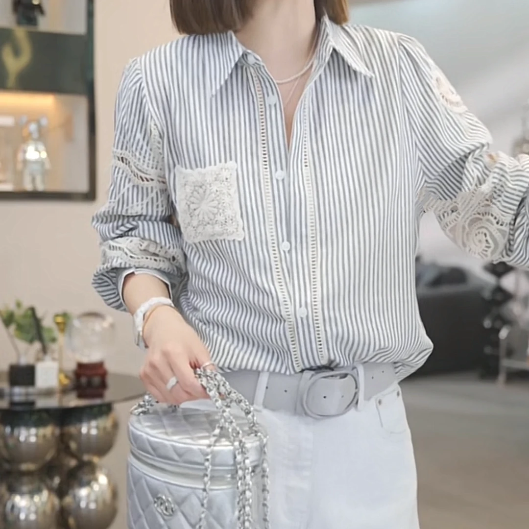 设计感蕾丝镂空复古条纹衬衫女2025春季新款时尚气质休闲长袖衬衣
