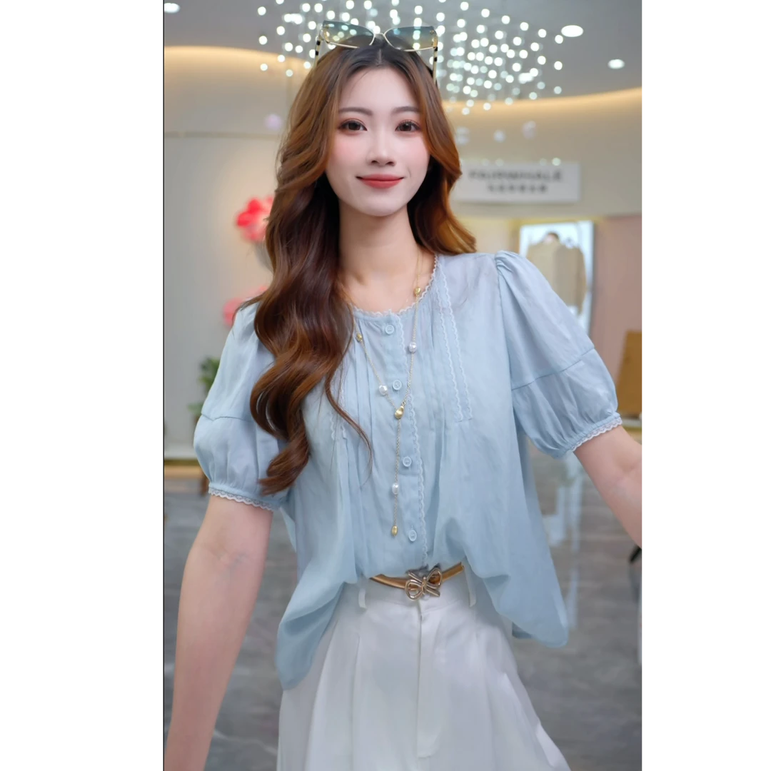 马克华菲女装款式拼接花边减龄2025夏季休闲小衫气质百搭衬衫上衣