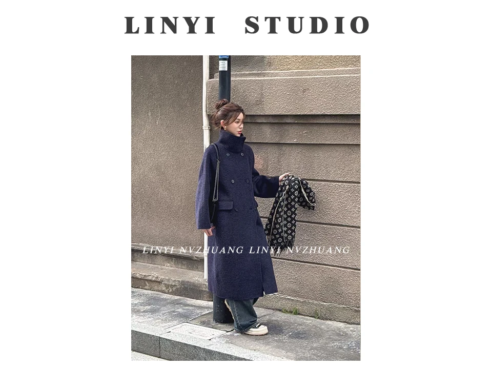 「霖依」韩系立领大衣宽松女呢子秋冬长款毛呢外套中长款F851