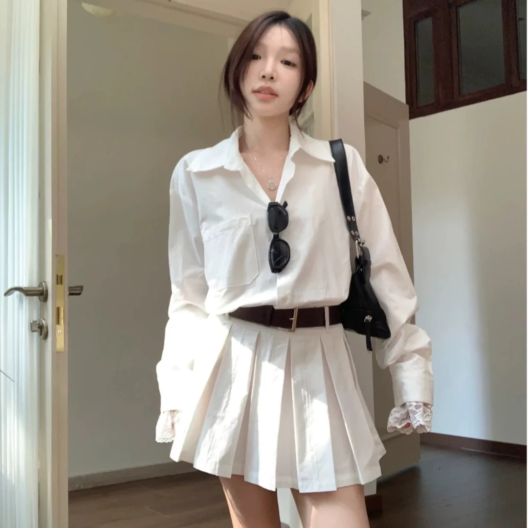 JINJIN家新款大码女装蕾丝拼接衬衫连衣裙（送腰带）