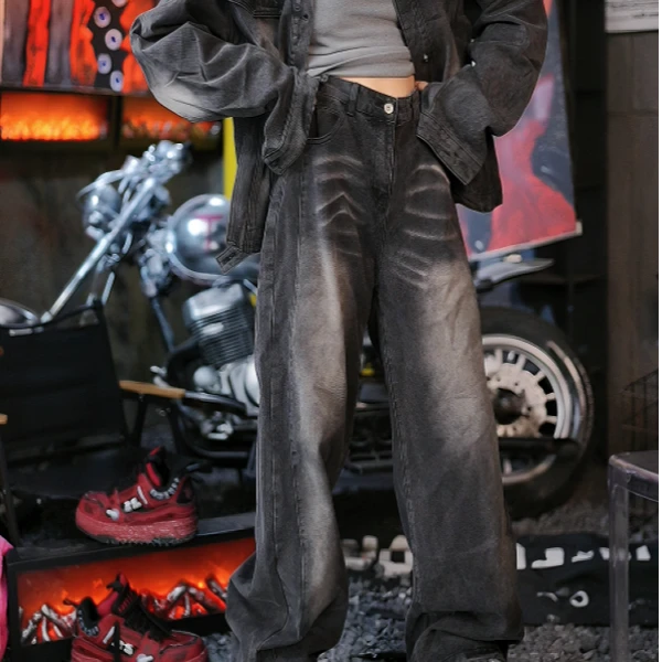 原创新款复古做旧水洗解构飘带拼接牛仔裤男重工金属直筒裤