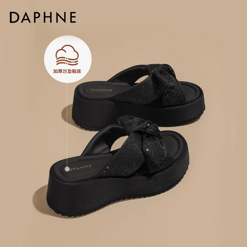 达芙妮时尚蝴蝶结凉拖鞋女款2025新款夏季外穿水钻百搭透气一字拖