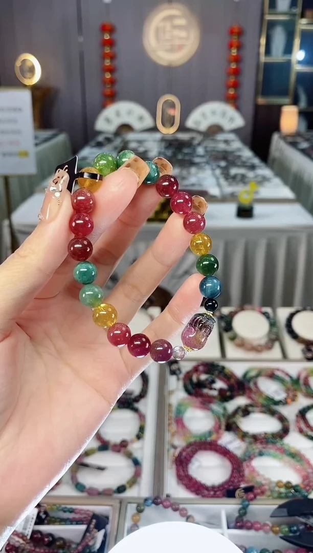 未镶嵌老矿碧玺色标彩虹透体单圈手串8mm+碧玺dan多样性发货一条