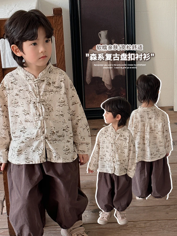 《春上新》新款复古风男女童新中式洋气盘扣LY190衬衫2024立领麻棉