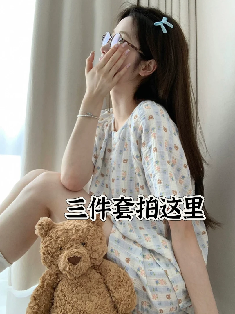 夏季短袖三件套全棉婴儿双层纱100棉韩版网红宽松卡通透气套装