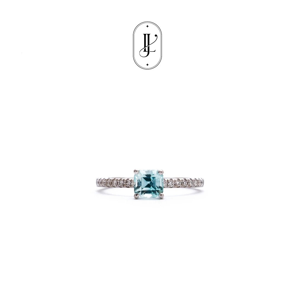 JinaLiu天然阿斯切冰蓝碧玺钻石镶嵌简约ins风百搭18k白金戒指