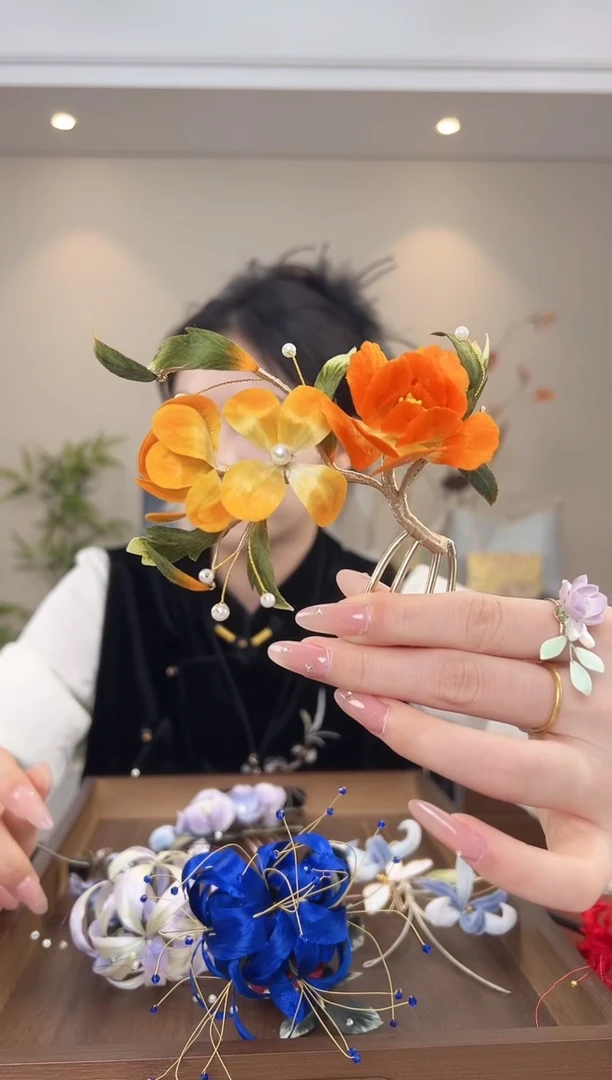 刺绣爱***2海棠花绒花发簪