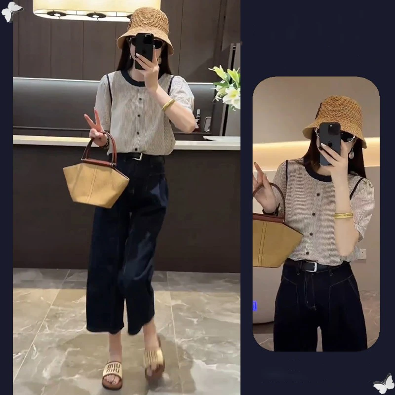 今年流行的夏装搭配一整套时尚洋气减龄短袖衬衫牛仔裤两件套装女