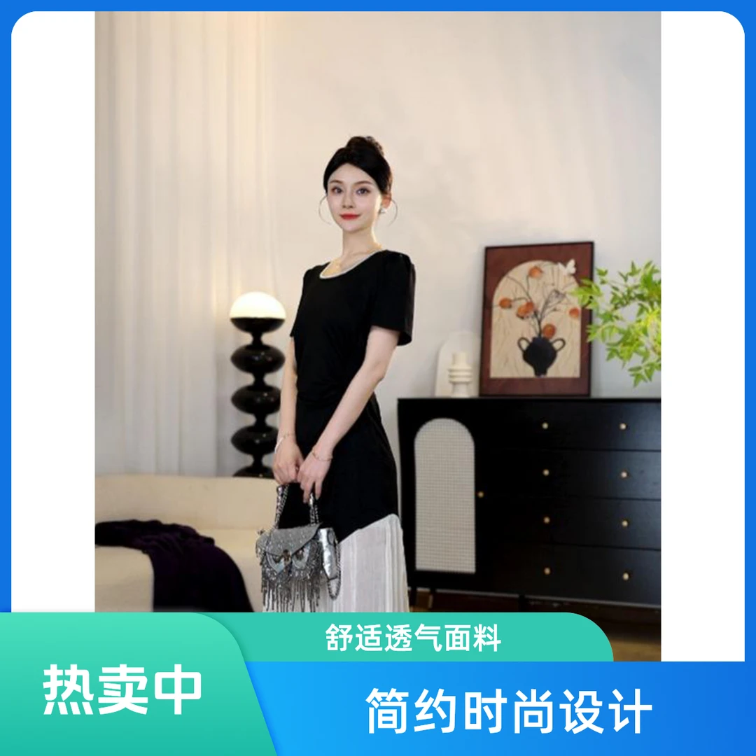 【现货】夏季时尚方领拼接珍珠赫本风不规则修身显瘦连衣裙小黑裙