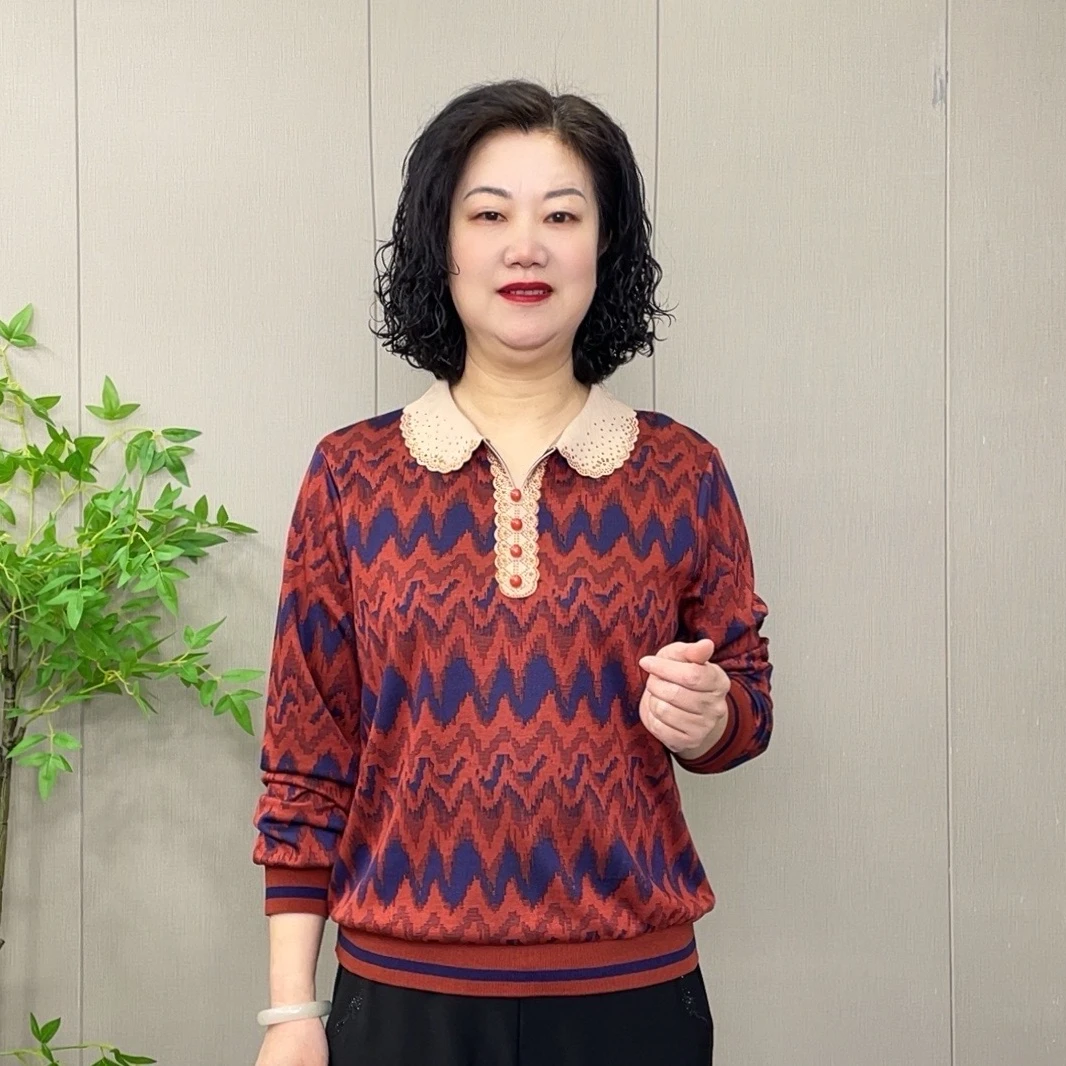 2025春季新款气质时尚洋气减龄宽松翻领提花百搭中老年显瘦长袖