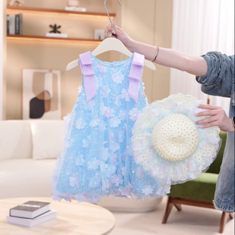 【花语】女宝夏季公主蓬蓬连衣裙新款时尚蓝色亮闪闪连衣裙5X068LS