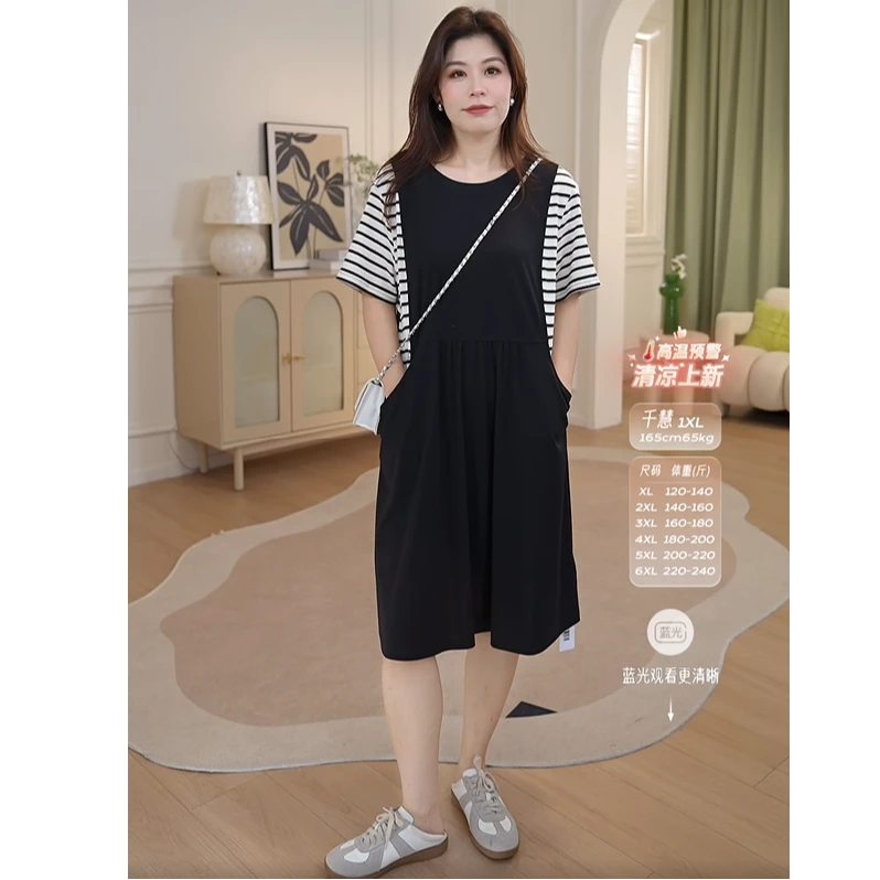 【锦色闲庭-凉感人棉】MsShe大码女装夏休闲提花条纹连衣裙Q2506039