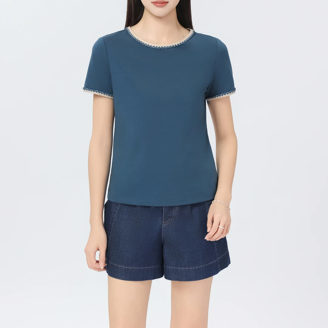 AMASS/阿玛施新款气质休闲圆领领口袖口立体花边T恤上衣女-530054