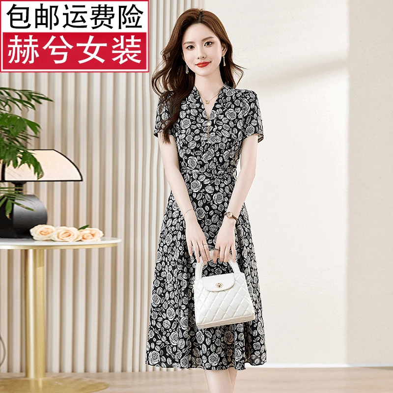 时尚洋气印花修身轻奢桑蚕丝显瘦连衣裙高腰裙气质夏收腰法式中长
