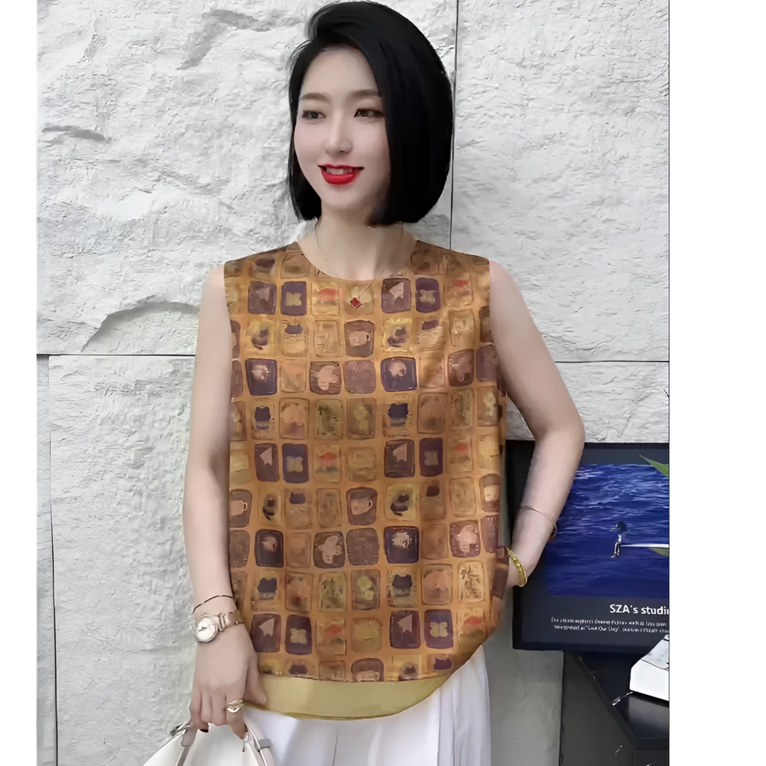 【玲子现货】 圆领夏季无袖短袖衬衫复古提花小众甜辣风上衣女