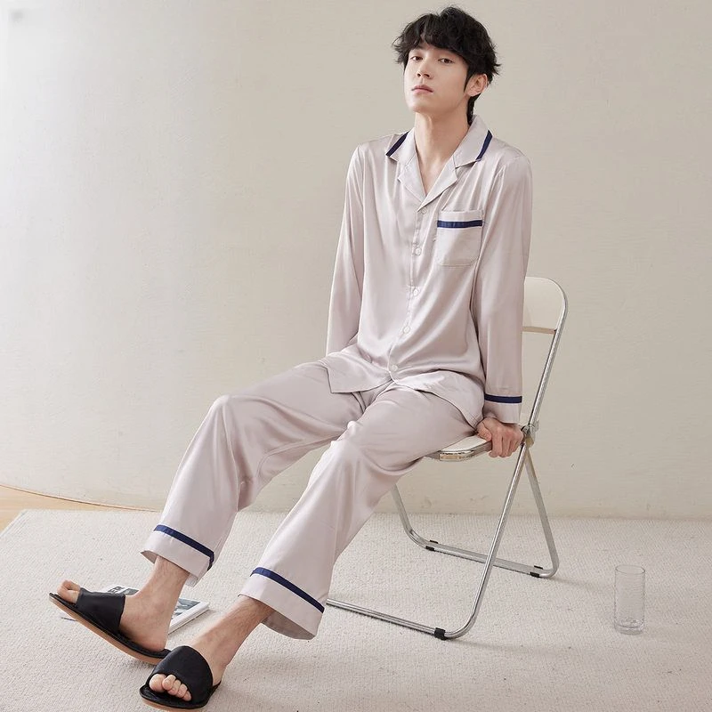 【严选抗菌缎】春夏男士长袖睡衣套装简约居家冰丝家居服睡衣春秋