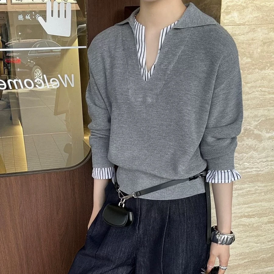 朵儿定制【城市日记】假两件条纹拼接polo领针织上衣IN88