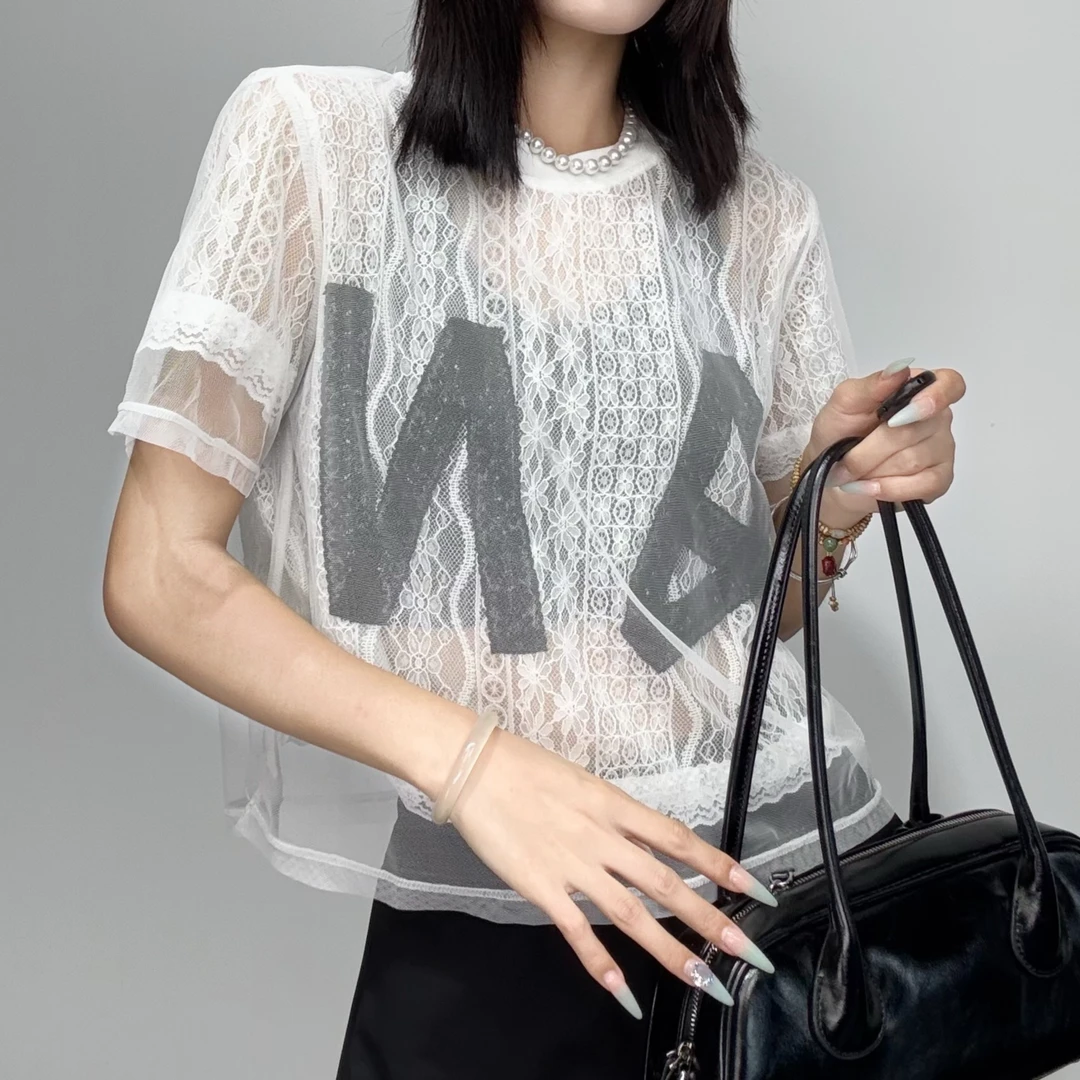 186#圆领字母网纱拼接短袖T恤2025夏季新款女宽松休闲百搭上衣潮