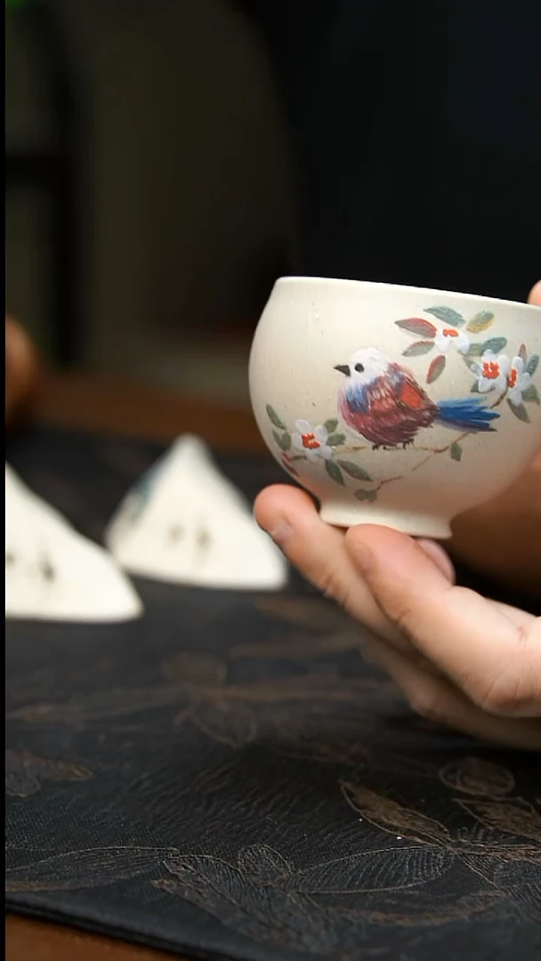 茶壶紫砂花花胖鸟杯