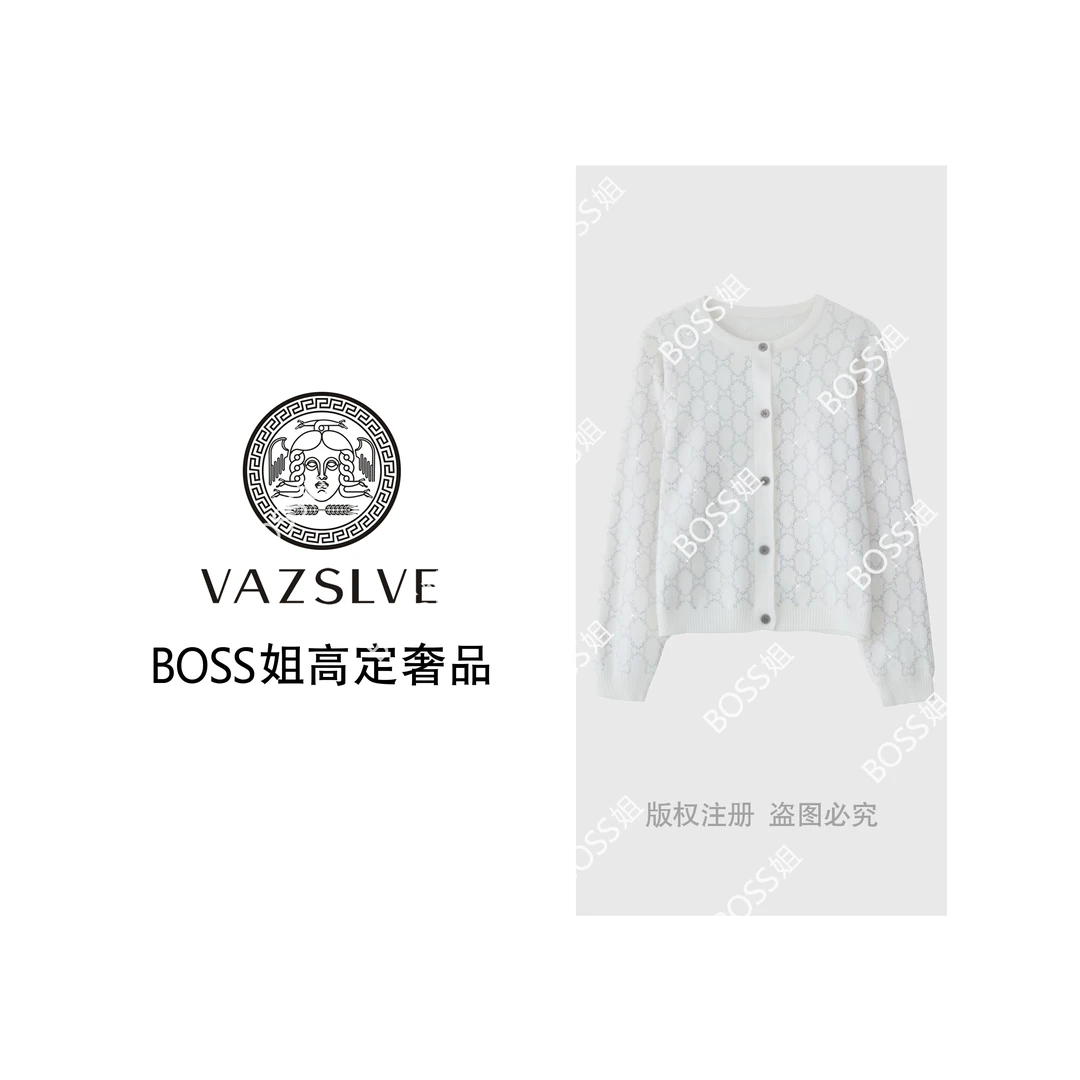【VAZSLVE/全新奢品】捡漏 羊毛+羊绒复古烫钻花纹圆领毛衣msl672