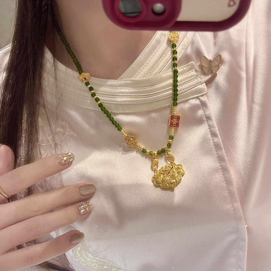 非金属玻璃项链 新中式锦鲤平安锁复古轻奢锁骨链女高级感饰品