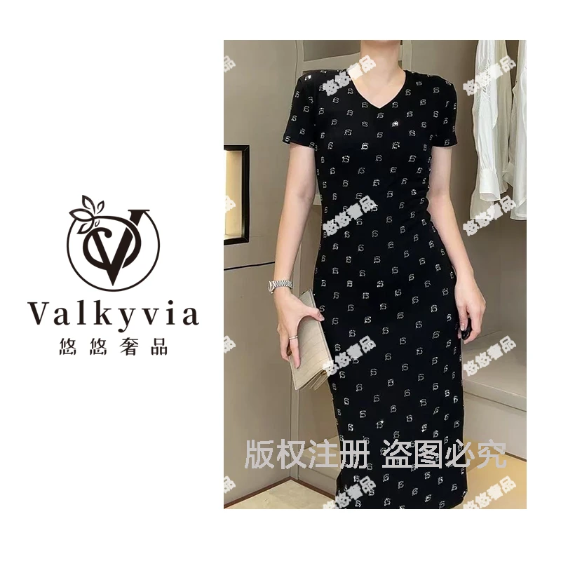 【Valkyvia/悠悠奢品】新款御姐V领字母烫钻连衣裙Q25BL2265