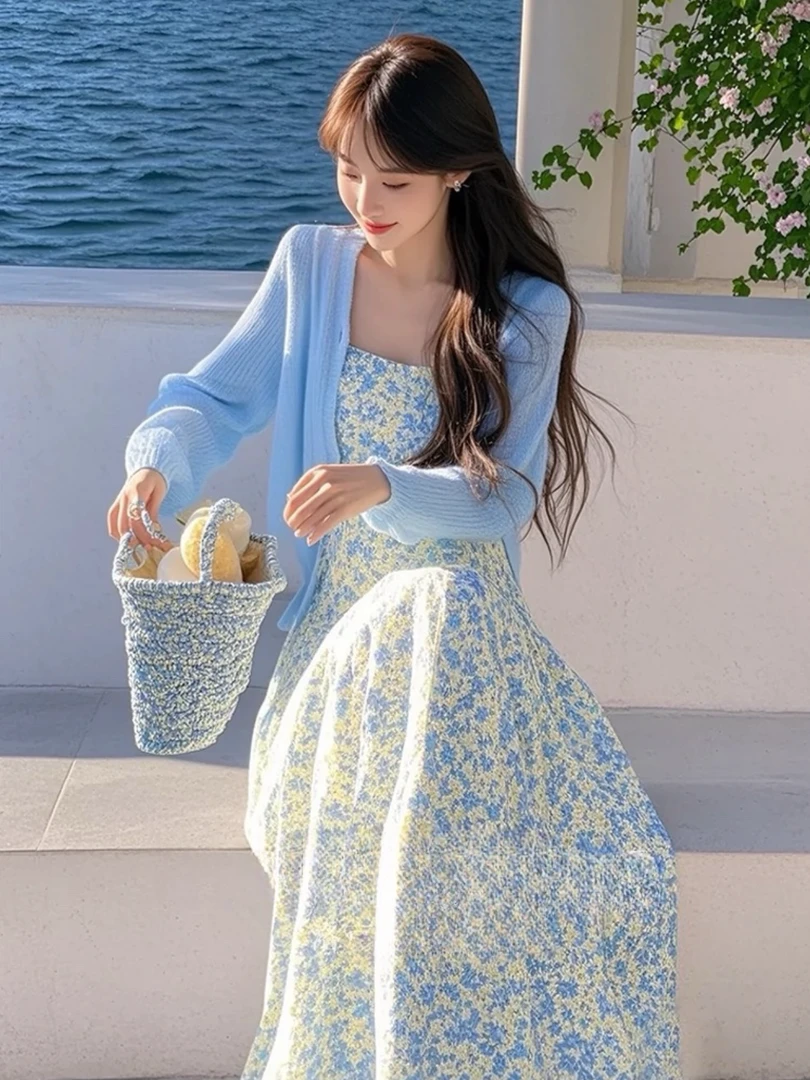 2025春季新款韩系穿搭高级感蓝色开衫上衣碎花连衣裙显瘦两件套女