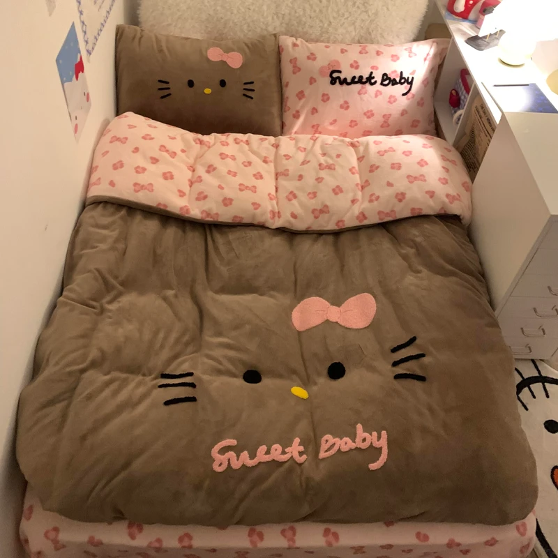 可爱KT猫牛奶绒床上四件套秋冬加厚女孩珊瑚绒被套学生床单三件套