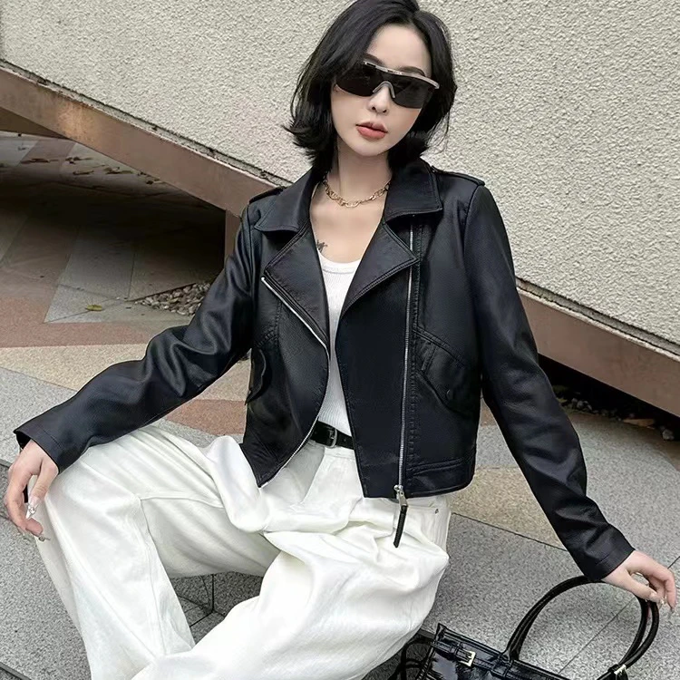 春季立体装饰短款春季标准皮衣休闲网红秋季皮夹克立领翻领681