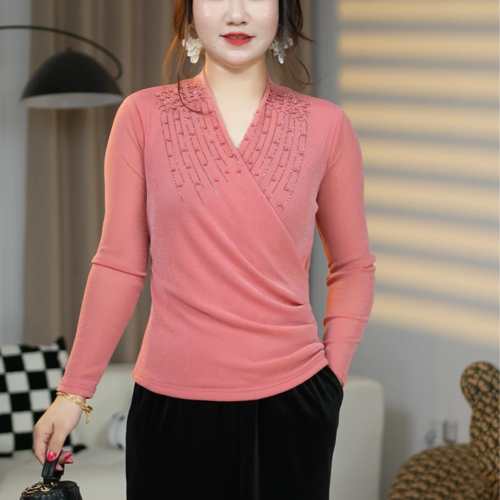 2025春新款时尚洋气修身显瘦烫砖交叉领百搭高贵优雅知性女上衣