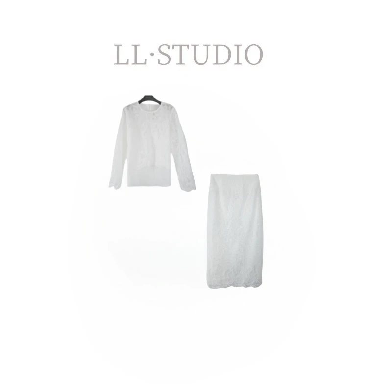 妙兮·LL夏季新款精致镂空蕾丝短袖上衣+蕾丝长裙套装*20250378