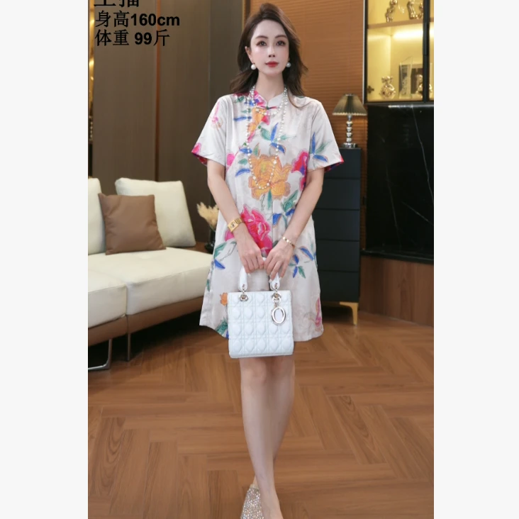 【鑫蕾】新中式圆领中长裙印花时尚绣花复古连衣裙28927