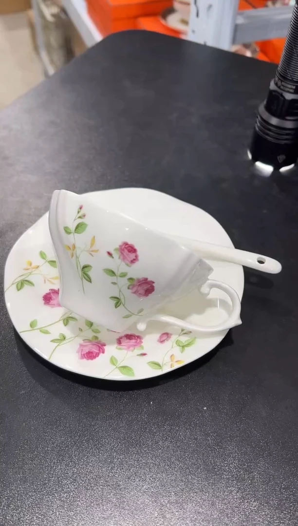 杯子骨瓷（简装）玫瑰咖啡杯碟一套+骨瓷咖啡勺