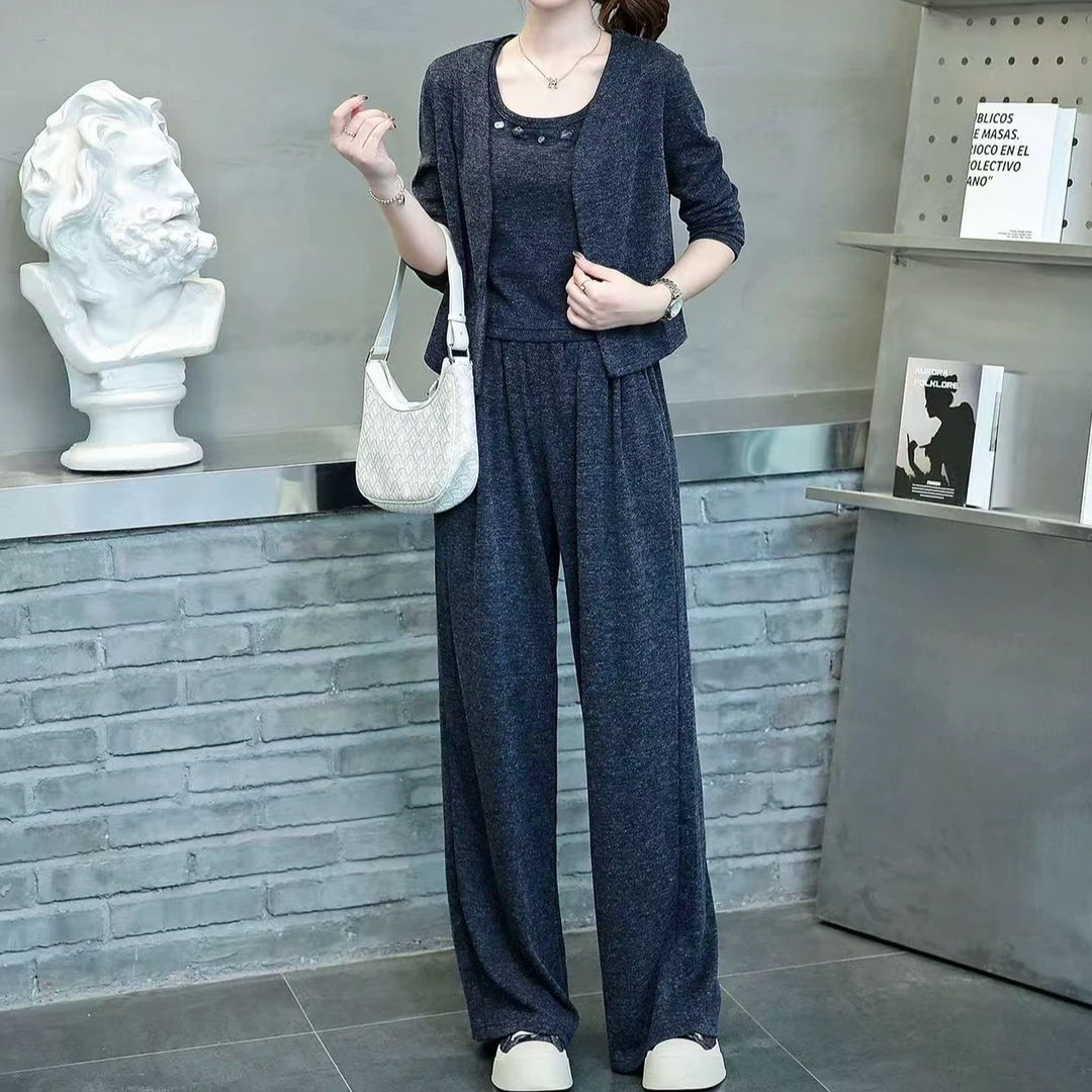 7066#2025新款时尚软糯长袖上衣背心休闲裤三件套套装