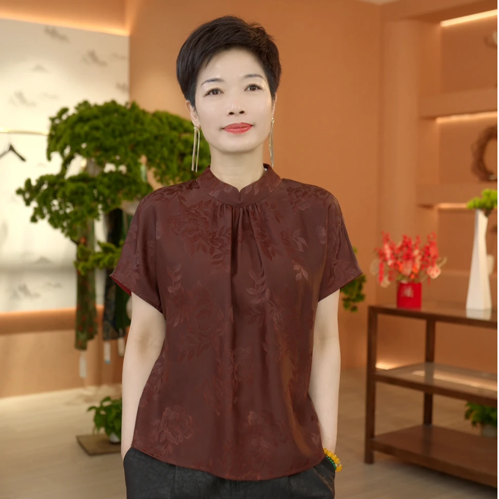 叶辰甄选香云纱 时尚冠乐绉重缎提花衬衫上衣(99157朱砂红)