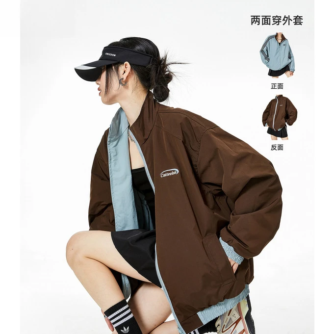 ICHMODE美式两面穿开衫外套女春季宽松休闲运动夹克2025新款