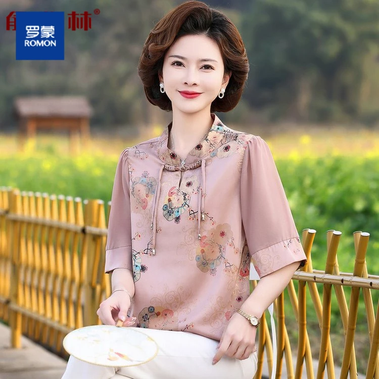 罗蒙中老年妈妈装气质印花上衣大码宽松中年新式国风T恤套装女