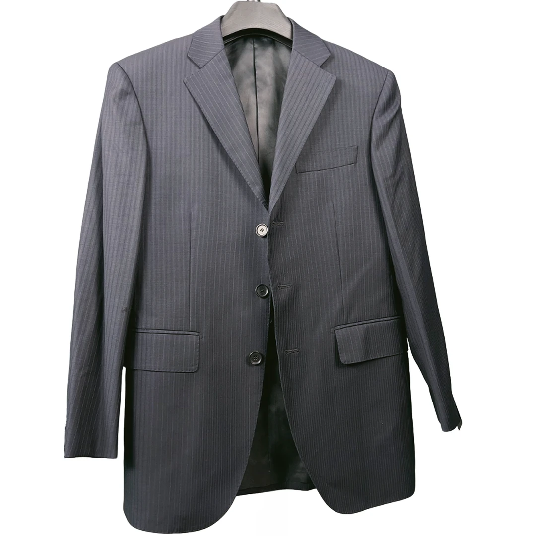 藏青时尚休闲西服外套男士小西装商务修身单西韩版平驳领条纹
