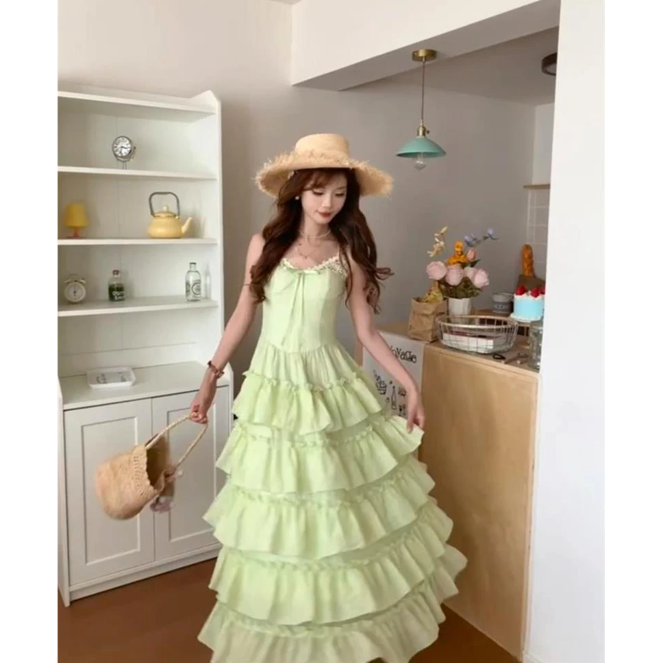 11964大码女装夏日清新绿色收腰吊带长裙