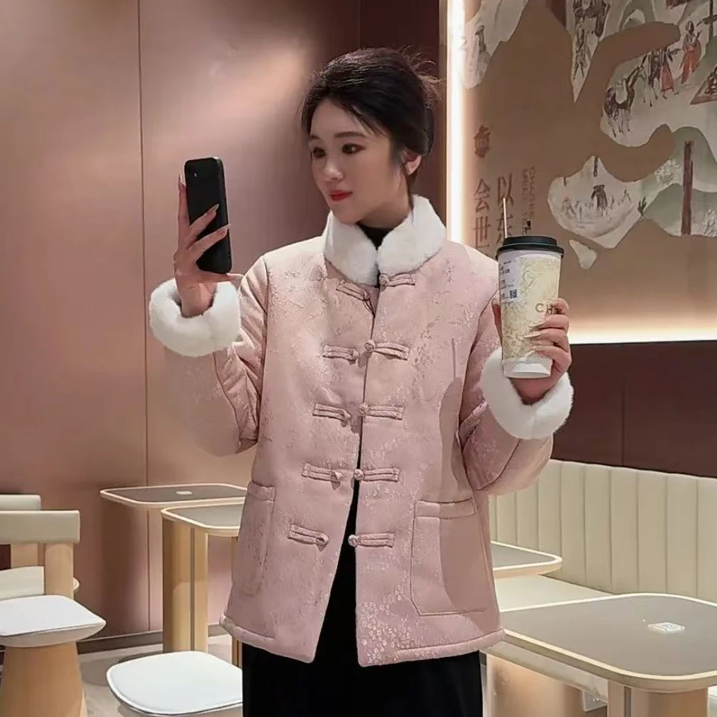 冬季新款时尚加绒加厚新中式国风复古盘扣翻领刺绣外套ZQY24-158