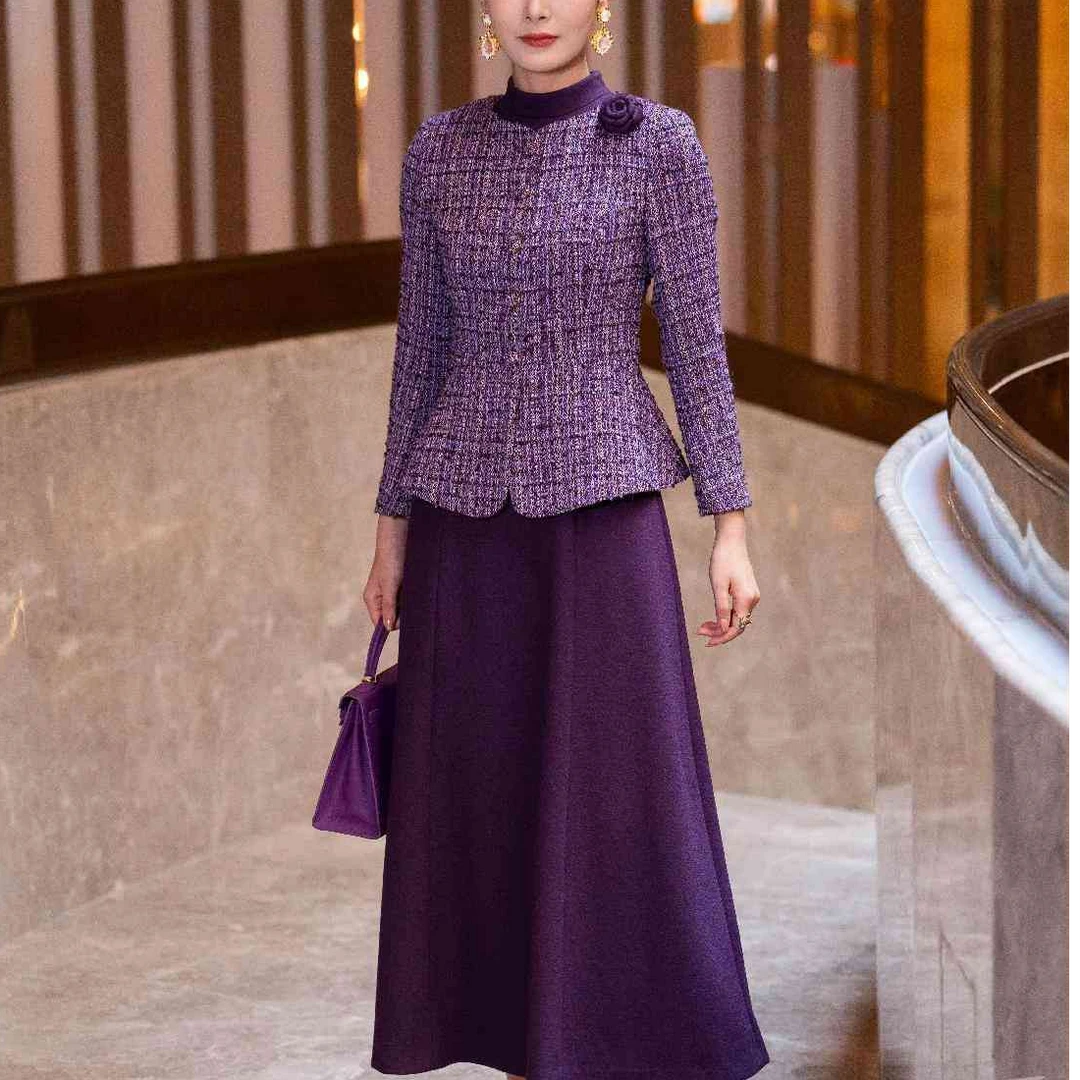 拂紫织梦——首尚格释冬高贵修身连衣裙两件套女丈母娘婚宴