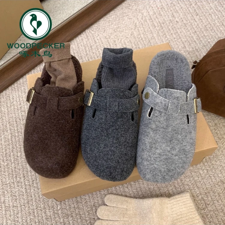 啄木鸟厚底灰色毛毛鞋勃肯鞋女秋冬季半拖加绒保暖棉鞋包头拖单鞋
