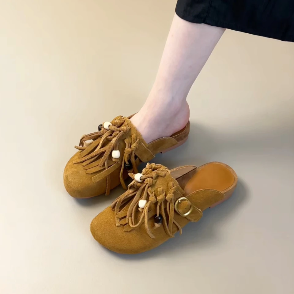 Pokoy-2.5cm法式复古流苏包头半拖鞋女外穿懒人穆勒鞋勃肯鞋