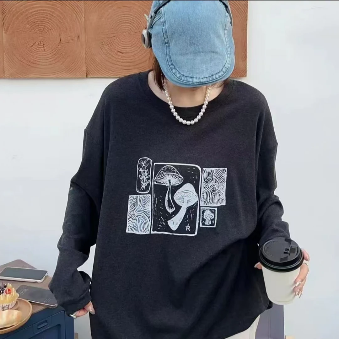 yan韩系大码清韵原创软糯舒适大版磨毛蘑菇T恤