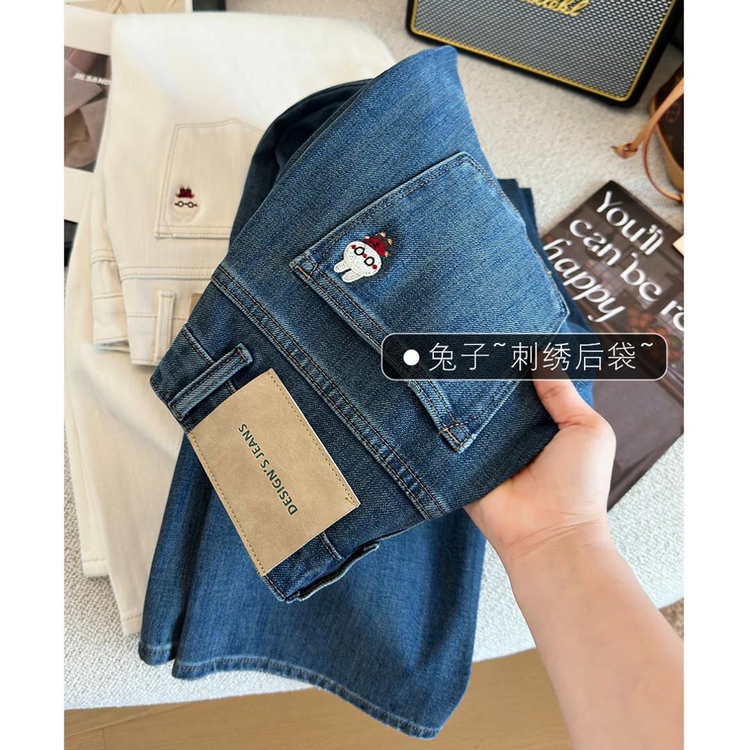 刺绣口袋~高腰窄版阔腿牛仔裤女秋季新款梨形身材宽松显瘦直筒裤