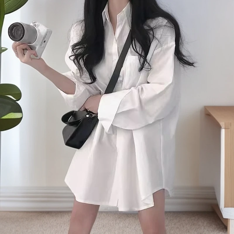 白色衬衫女纯棉慵懒风设计感小众宽松百搭上衣中长款休闲外穿衬衣