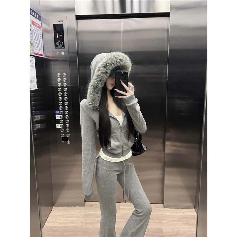 秋冬季新款加绒韩系复古灰色毛领连帽运动卫衣套装女喇叭裤两件套