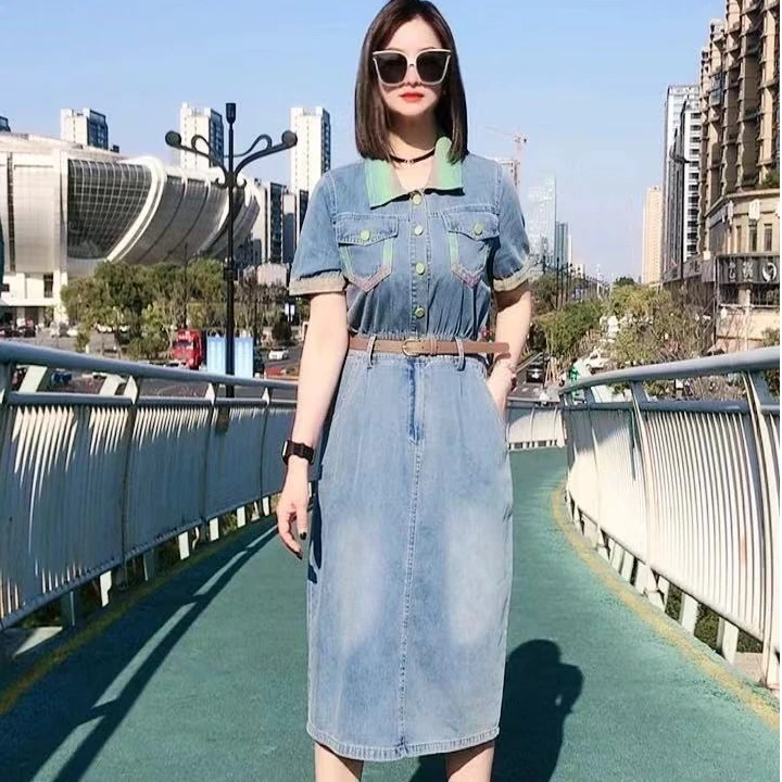 【太阳花】翻领系扣拼接显瘦牛仔连衣裙韩版夏季时尚复古法式收腰