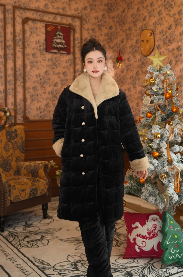 【黑咖●长款●翻领】【亭子】女士家居服睡衣女冬款套装加厚加绒保暖